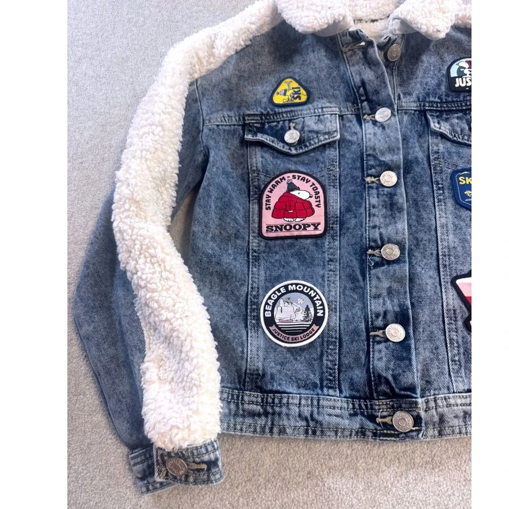 Justice Peanuts Snoopy Denim Jacket Kids‎ Size 7/8 Blue Sherpa Patches Kidcore